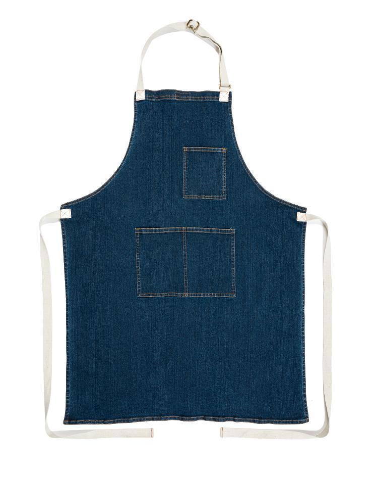 Dark Denim Bib Apron with Front Pockets and Contrast Straps - Kloth Studio Inc. - klothstudio.com