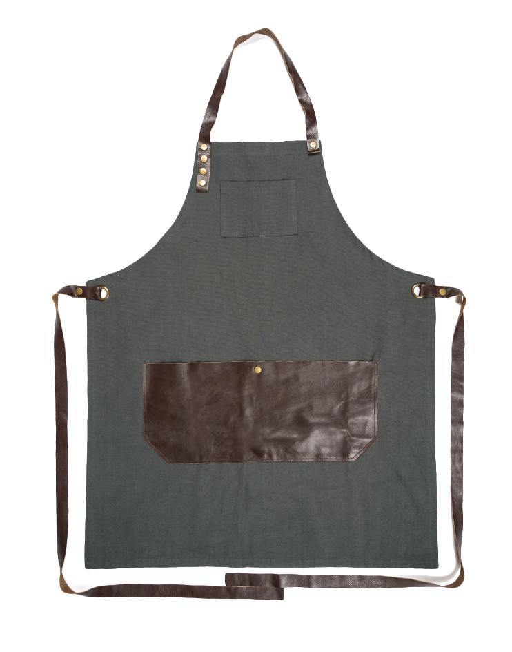 Grey Twill Apron with Leather Detailing - Kloth Studio Inc. - klothstudio.com