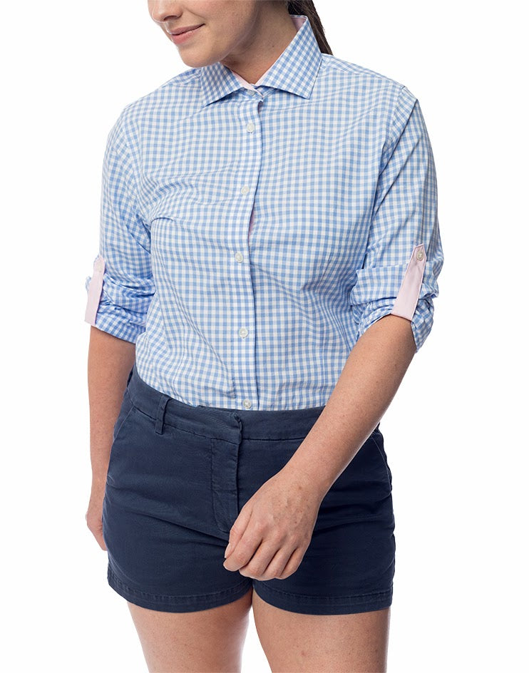 Blue and White Checkered Shirt with Pink Roll Up Tab Sleeve