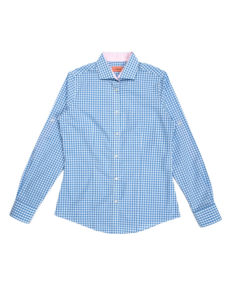 Blue and White Checkered Shirt with Pink Roll Up Tab Sleeve