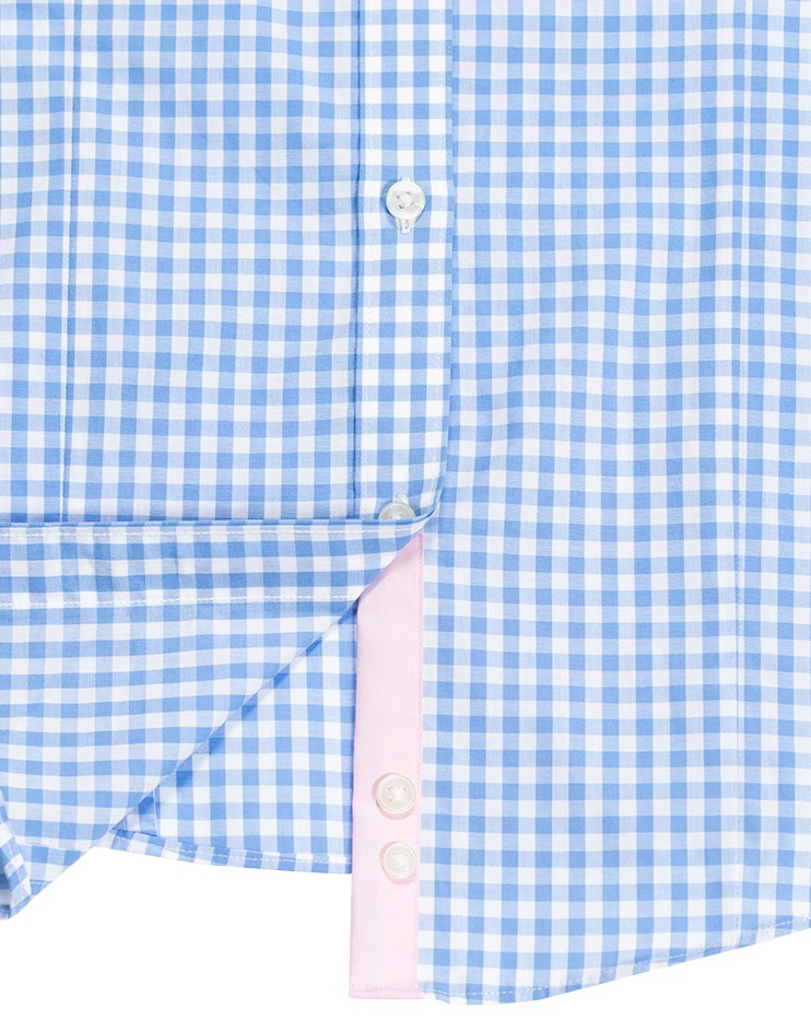 Blue and White Checkered Shirt with Pink Roll Up Tab Sleeve