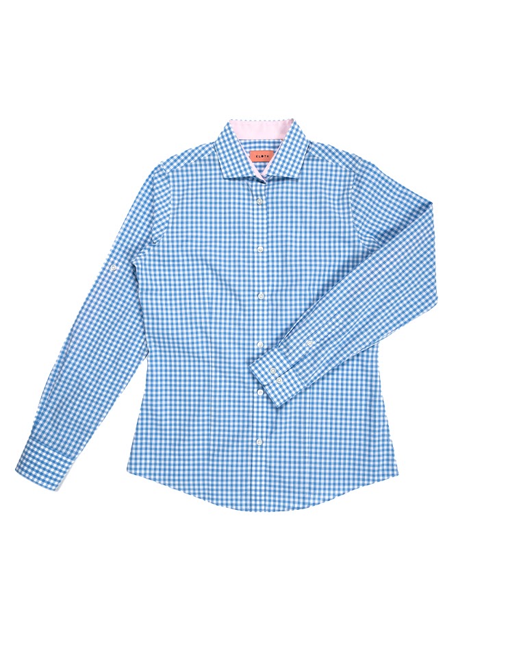 Blue and White Checkered Shirt with Pink Roll Up Tab Sleeve