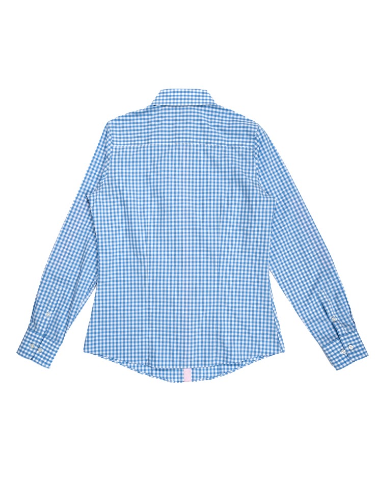Blue and White Checkered Shirt with Pink Roll Up Tab Sleeve