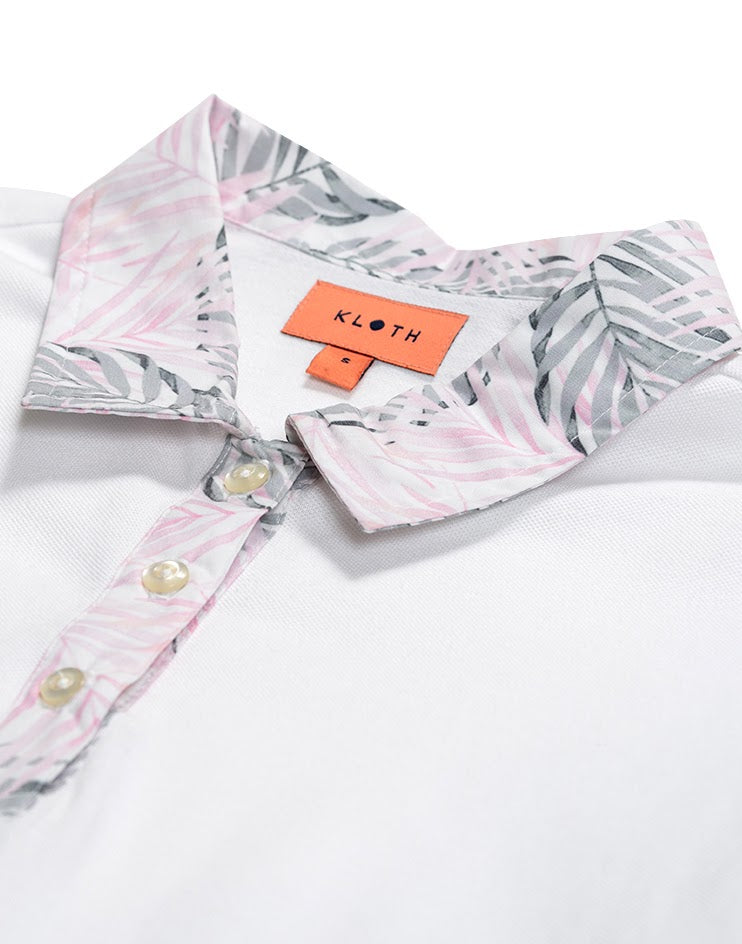 White Polo with Pink Leaf Printed Collar