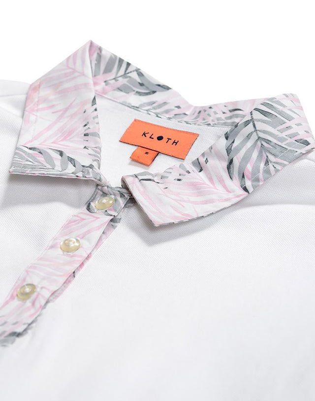 White Polo with Pink Leaf Printed Collar