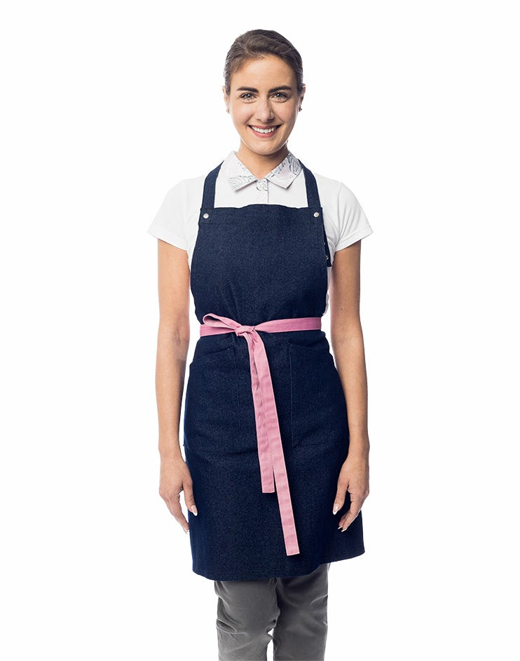 Dark Denim Bib Apron with Pink Strap