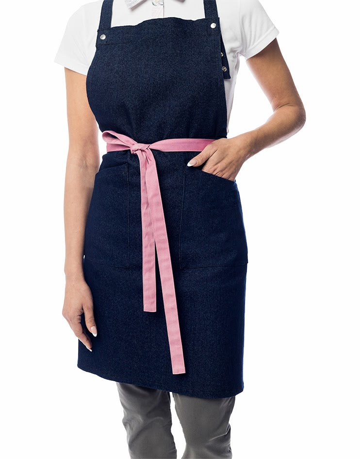 Dark Denim Bib Apron with Pink Strap