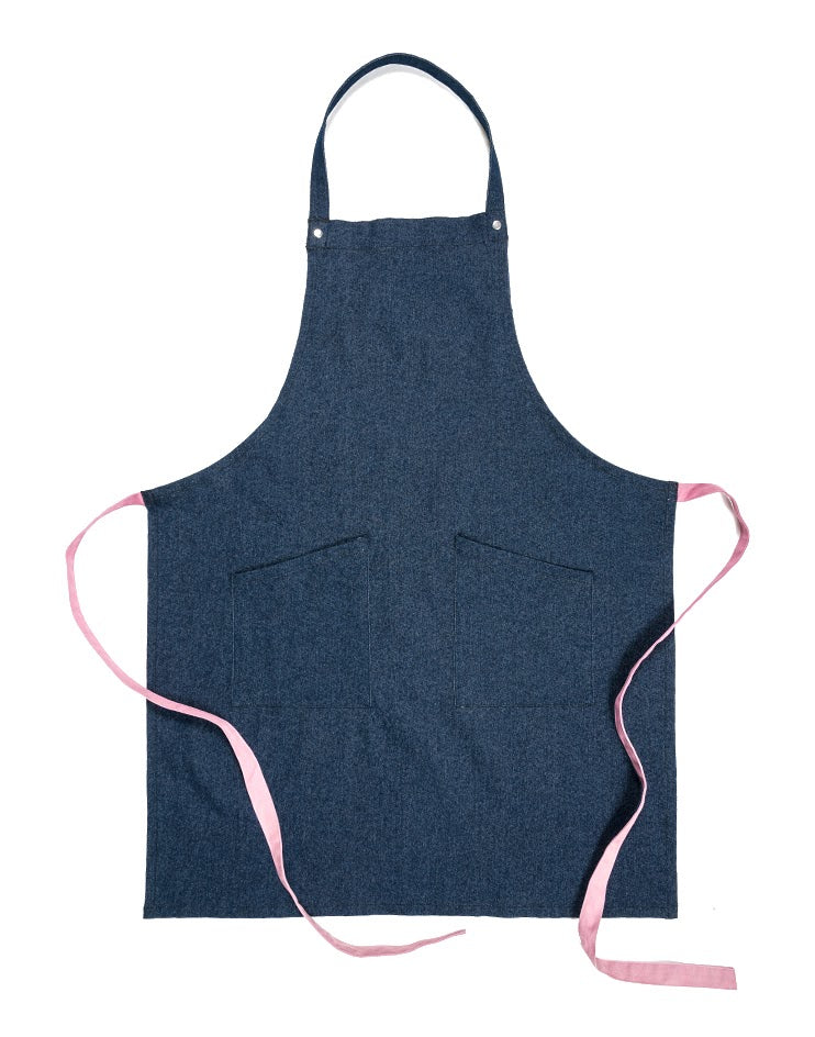 Dark Denim Bib Apron with Pink Strap