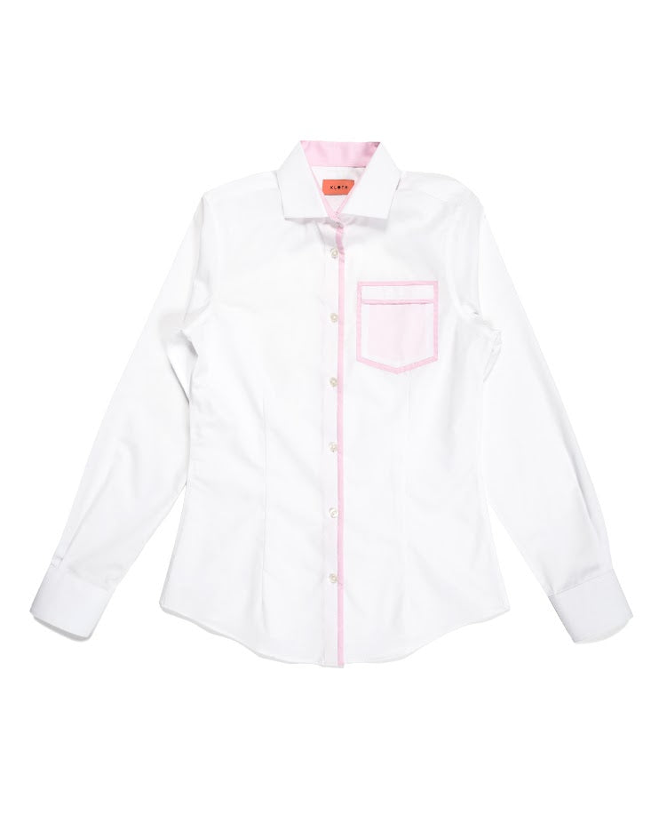 White Shirt with Pink Contrast Collar and Piping