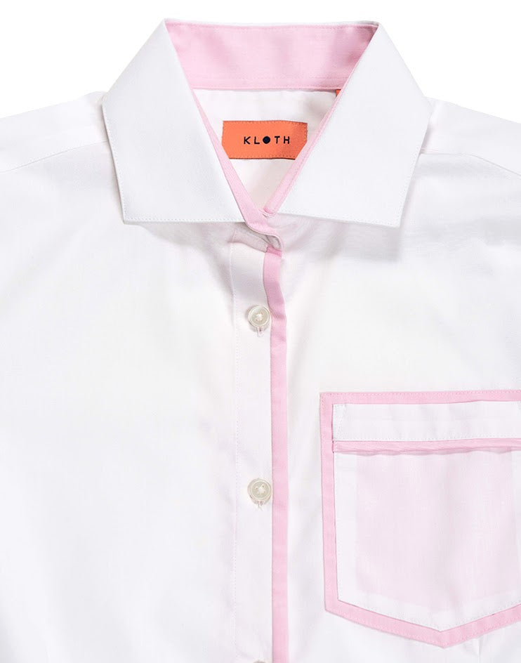 White Shirt with Pink Contrast Collar and Piping