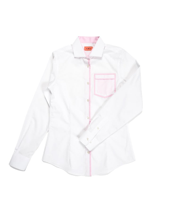 White Shirt with Pink Contrast Collar and Piping