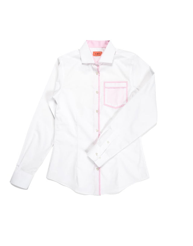 White Shirt with Pink Contrast Collar and Piping