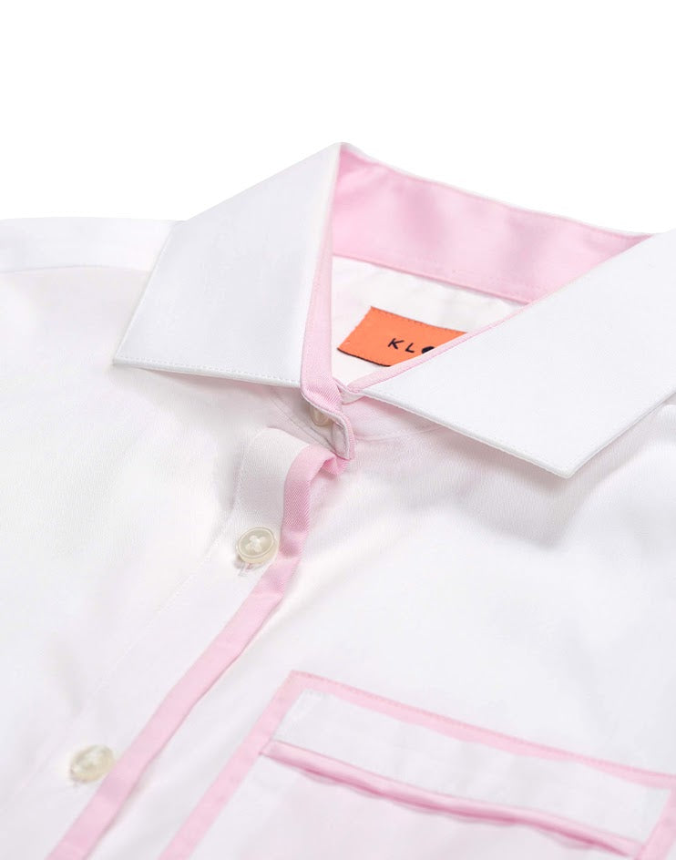 White Shirt with Pink Contrast Collar and Piping
