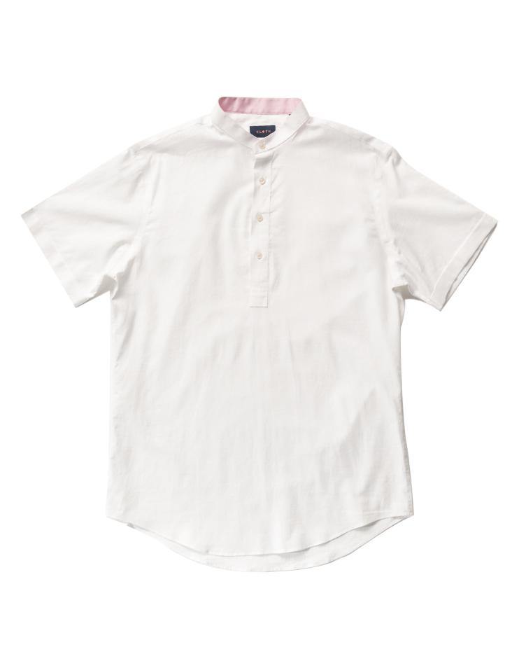 Men’s White Linen Henley Short Sleeve Shirt with Pink Inside Collar Contrast - Kloth Studio Inc. - klothstudio.com