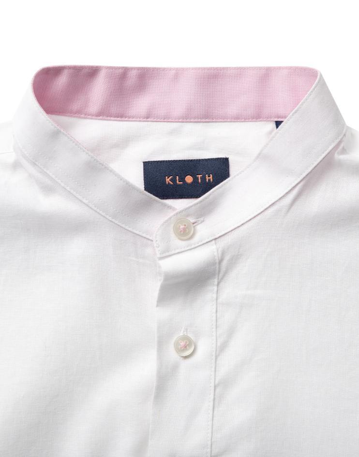 Men’s White Linen Henley Short Sleeve Shirt with Pink Inside Collar Contrast - Kloth Studio Inc. - klothstudio.com