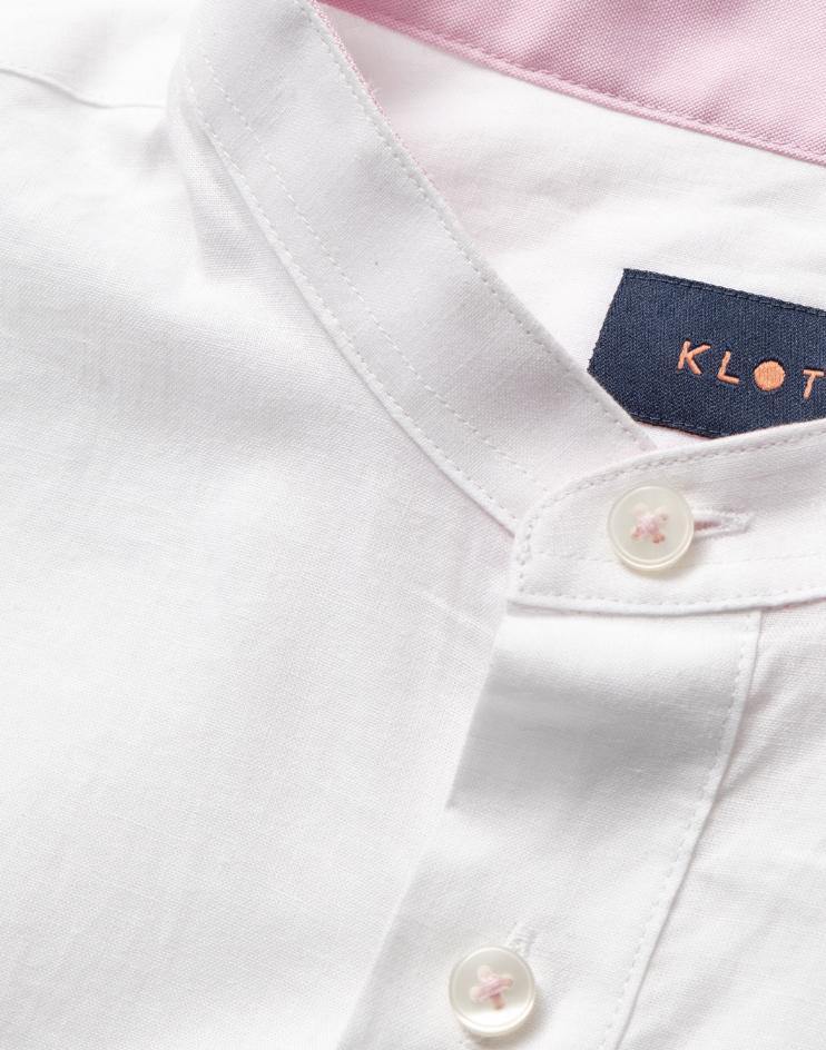 Men’s White Linen Henley Short Sleeve Shirt with Pink Inside Collar Contrast - Kloth Studio Inc. - klothstudio.com