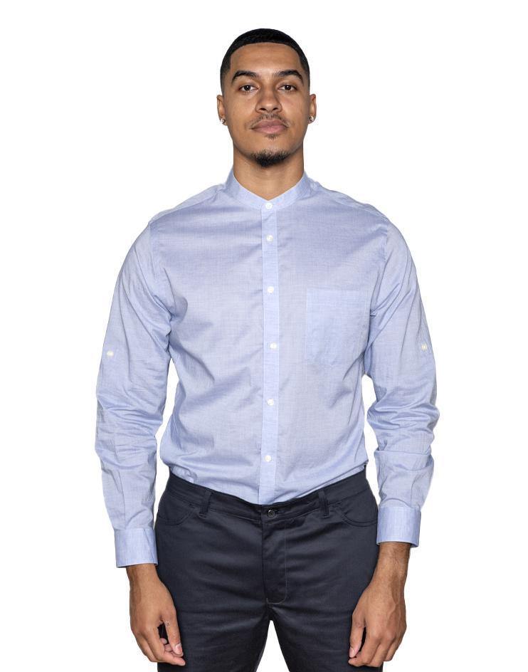 Men's Blue Button Front, Mandarin Collar Shirt - Kloth Studio Inc. - klothstudio.com