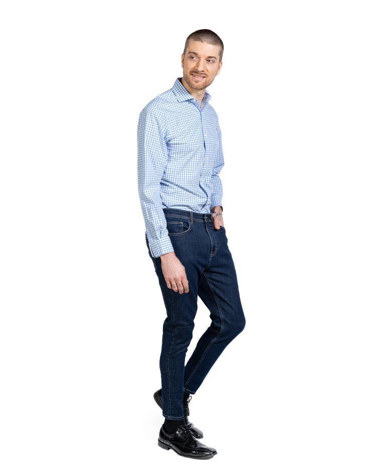 Men’s Blue and White Gingham Button Front, Collar Dress Shirt - Kloth Studio Inc. - klothstudio.com
