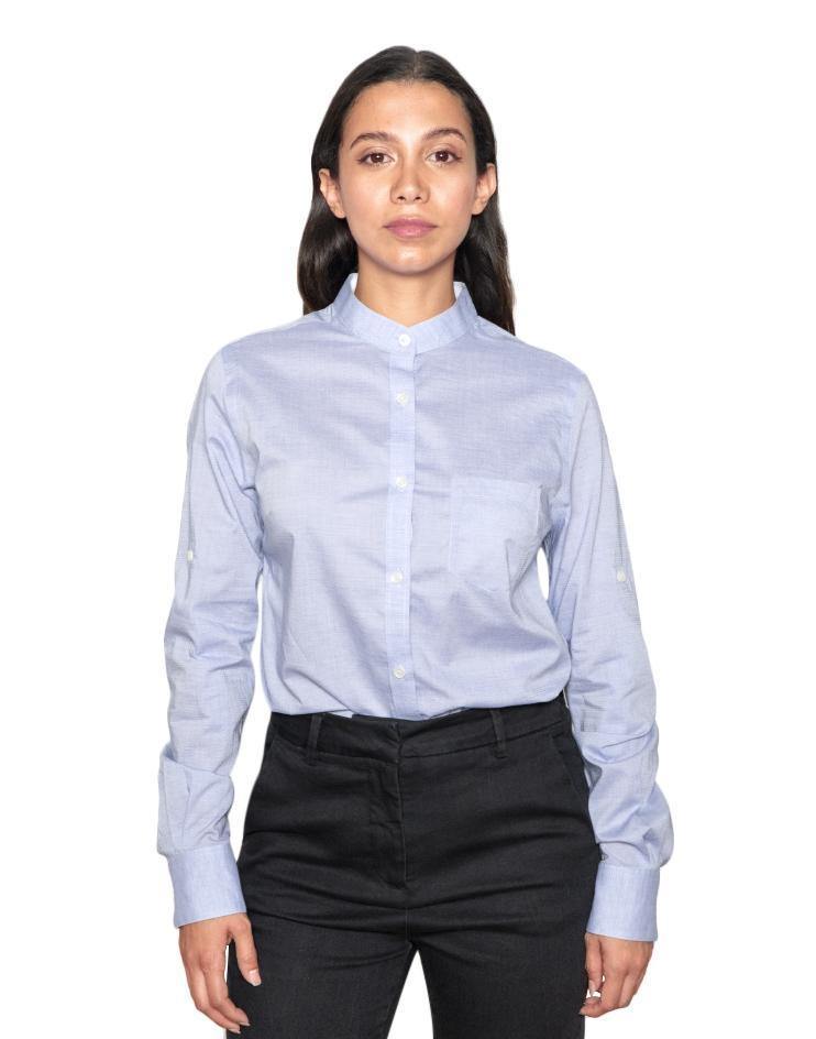 Women's Oxford Blue Button Front, Mandarin Collar Shirt - Kloth Studio Inc. - klothstudio.com