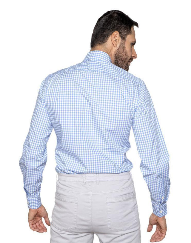 Men’s Blue and White Gingham Button Front, Collar Dress Shirt - Kloth Studio Inc. - klothstudio.com