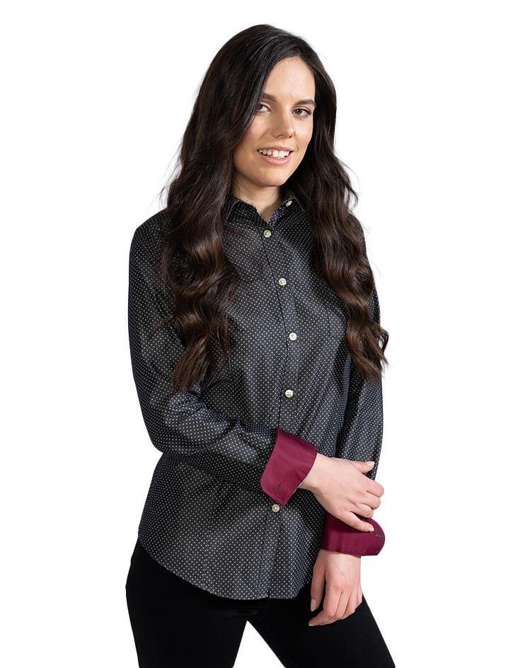 Women’s Black and White Polka Dot Button Front, Collar Dress Shirt - Kloth Studio Inc. - klothstudio.com