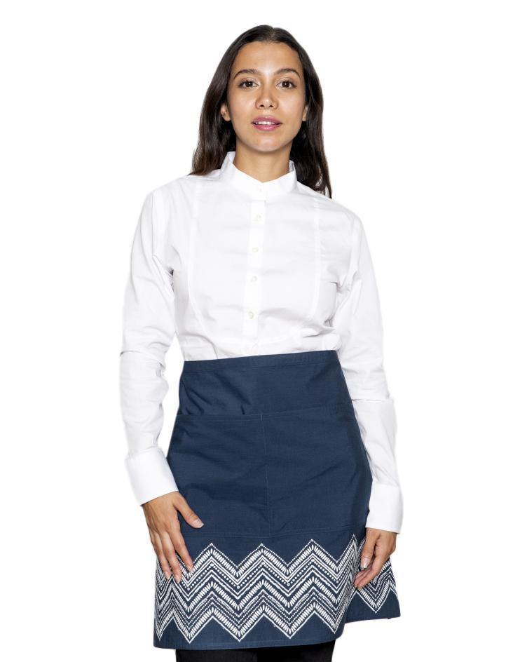 Navy-Blue Knee-Length Bistro Apron with White Details - Kloth Studio Inc. - klothstudio.com