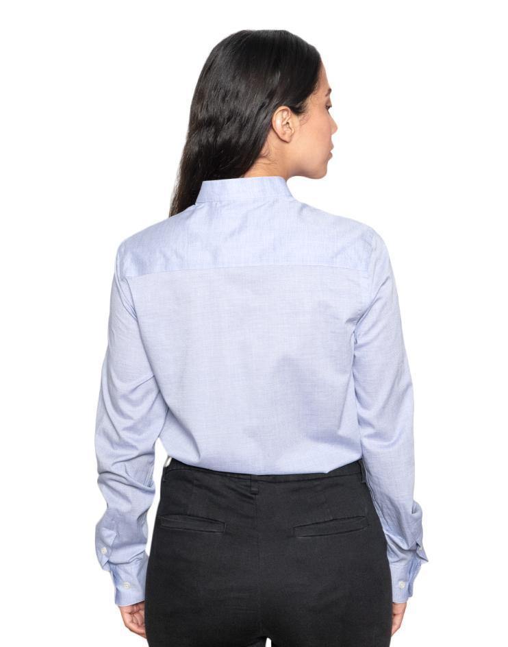 Women's Oxford Blue Button Front, Mandarin Collar Shirt - Kloth Studio Inc. - klothstudio.com