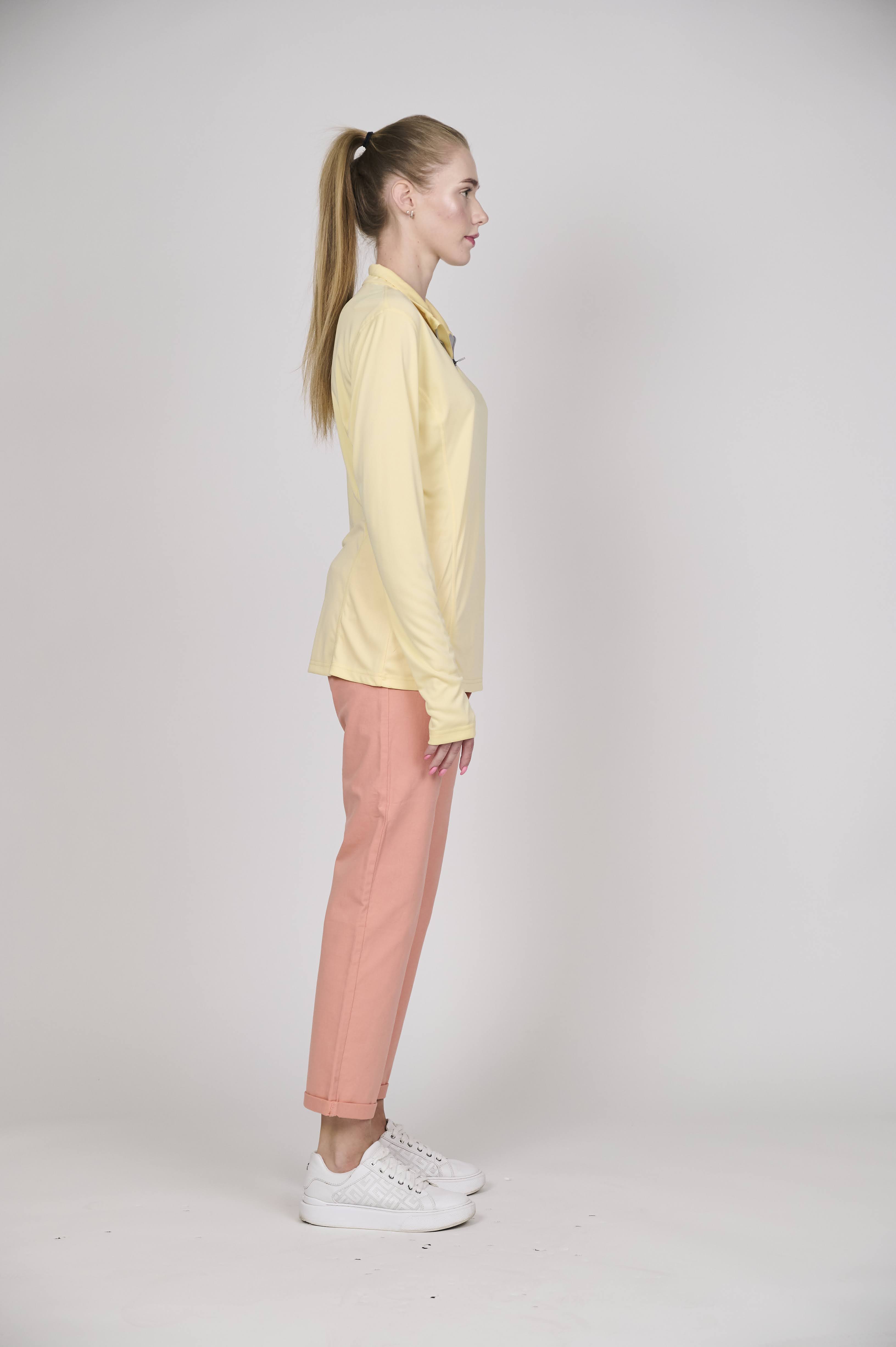 Women's Pastel Yellow Long-Sleeve  Polo with Quarter-Zip