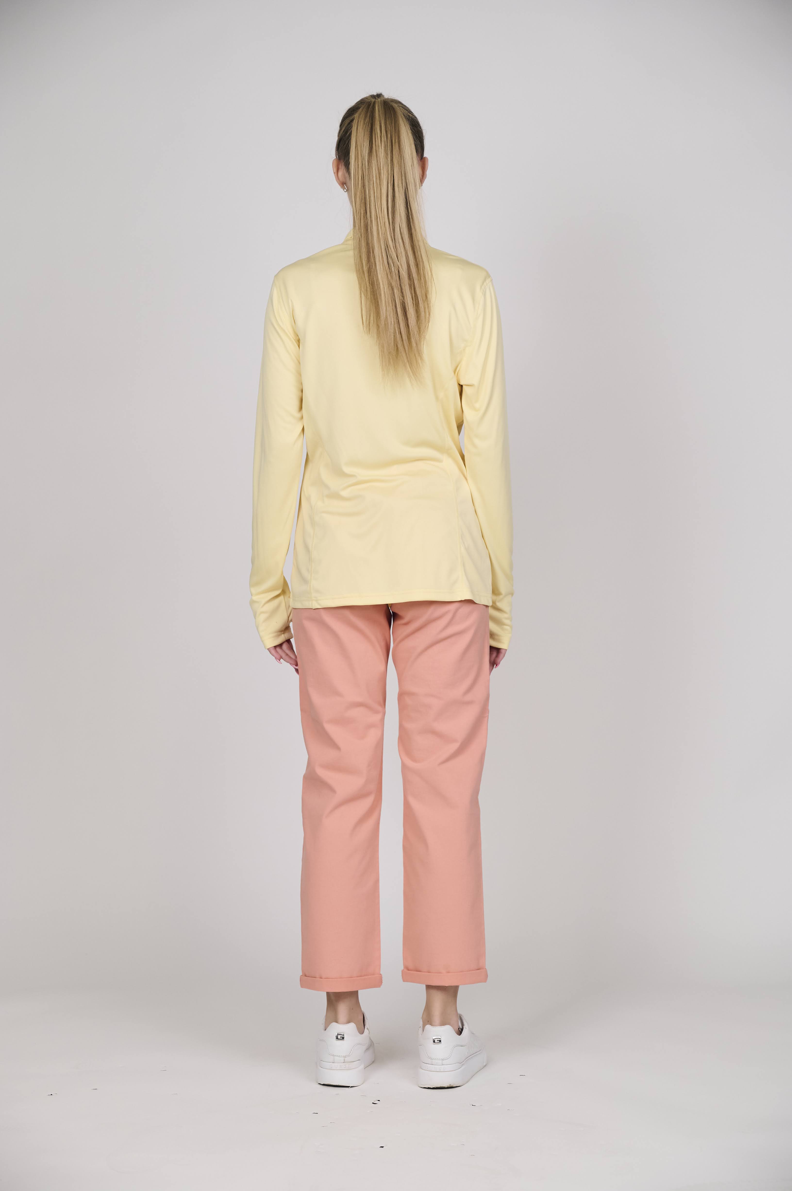 Women's Pastel Yellow Long-Sleeve  Polo with Quarter-Zip