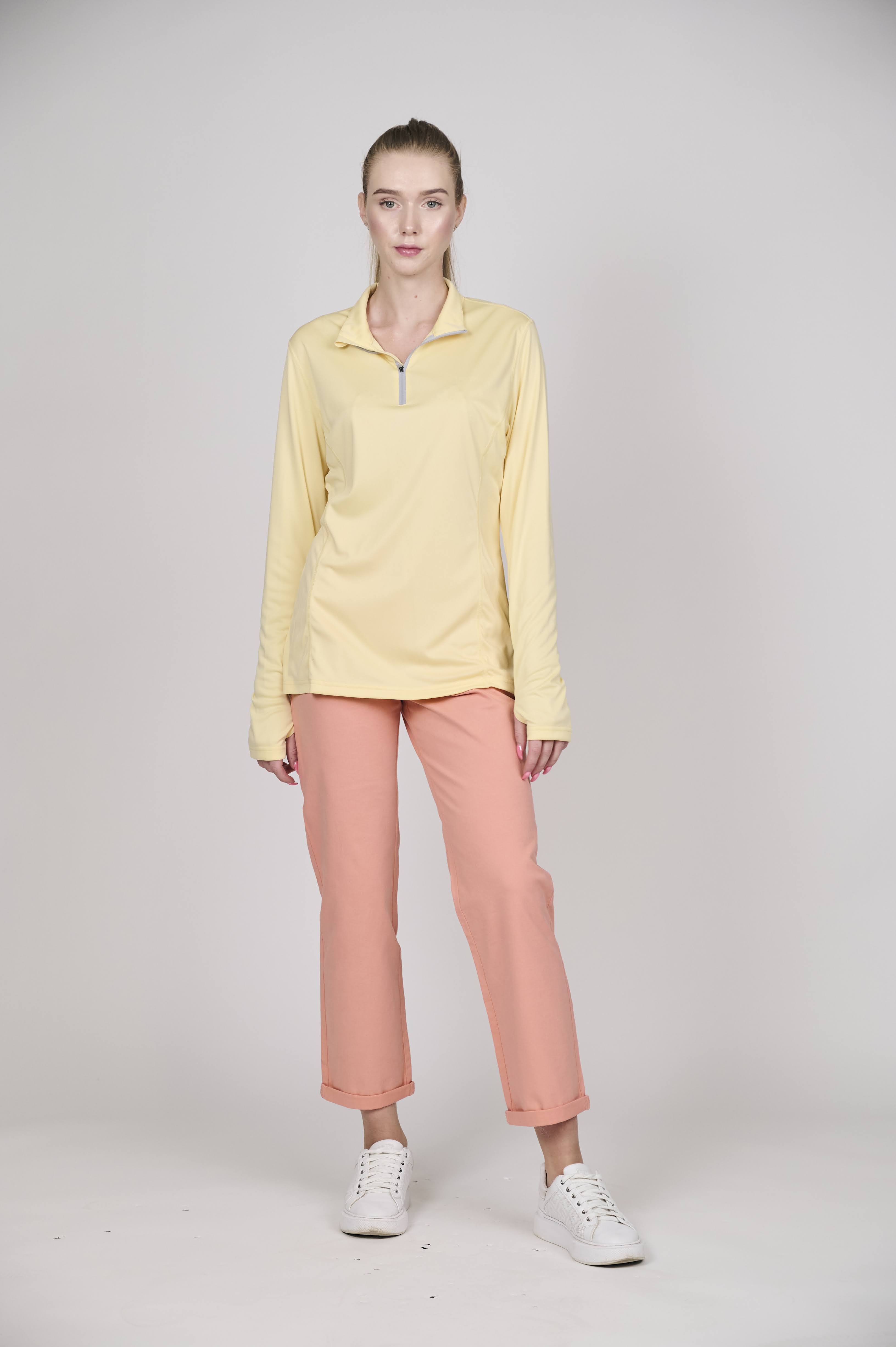 Women's Pastel Yellow Long-Sleeve  Polo with Quarter-Zip