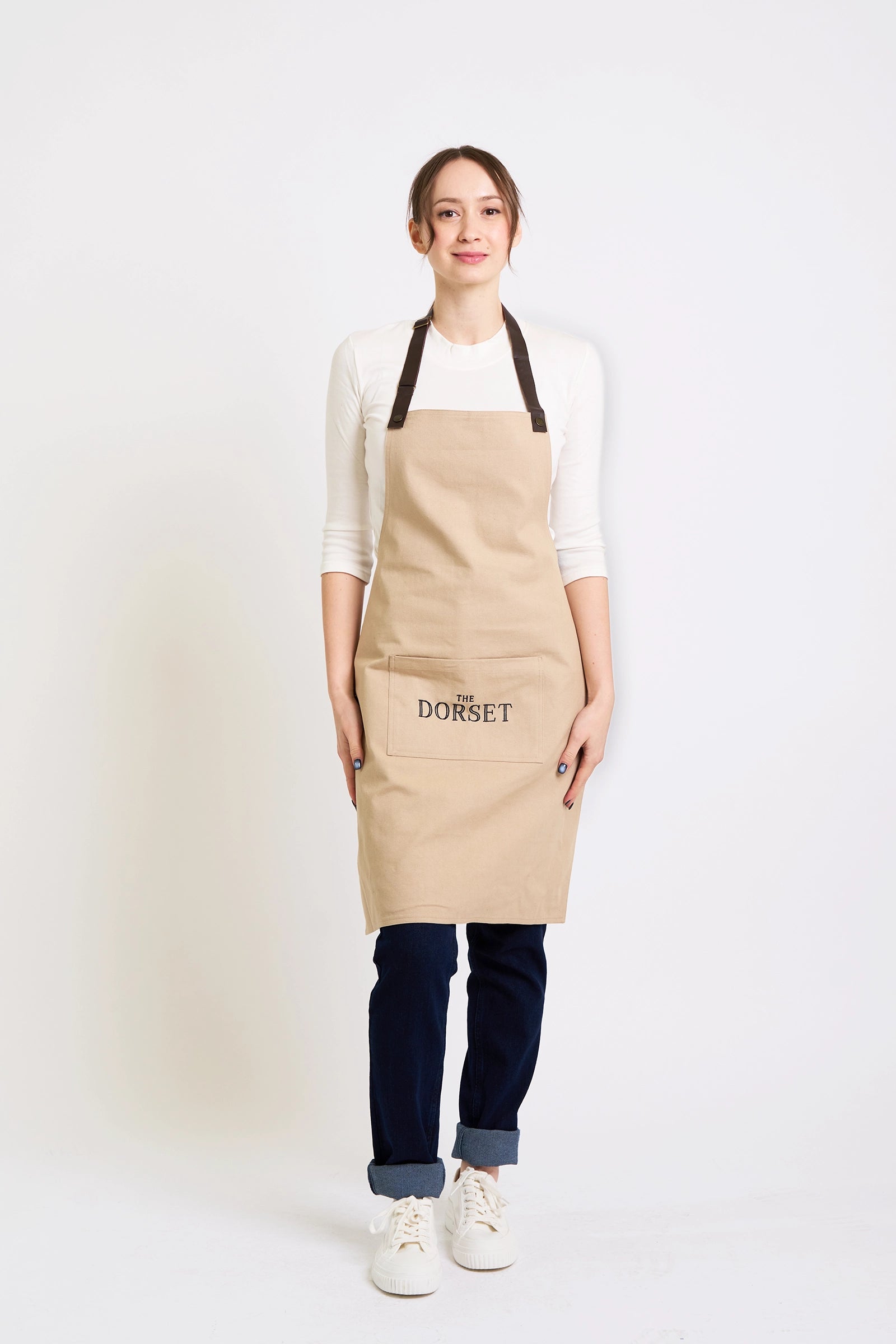 Classic Beige Bib Apron with Custom Logo Pocket