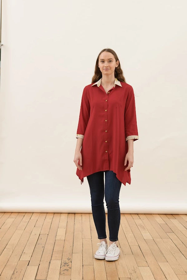 Elegant Red Tunic Shirt with Stylish Collar