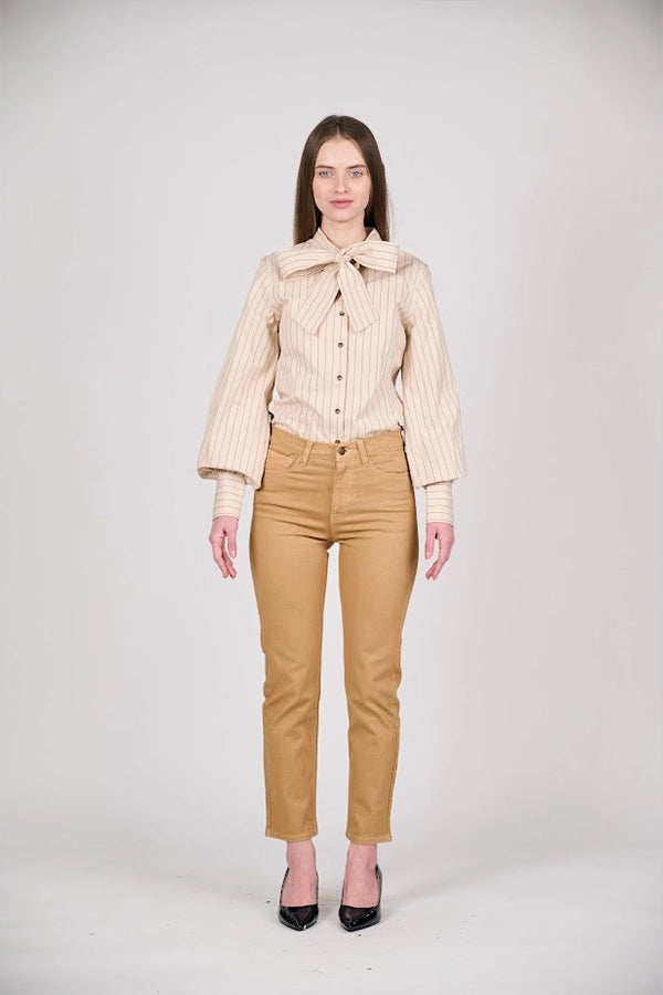 Women's Striped Beige Bow-Tie Shirt