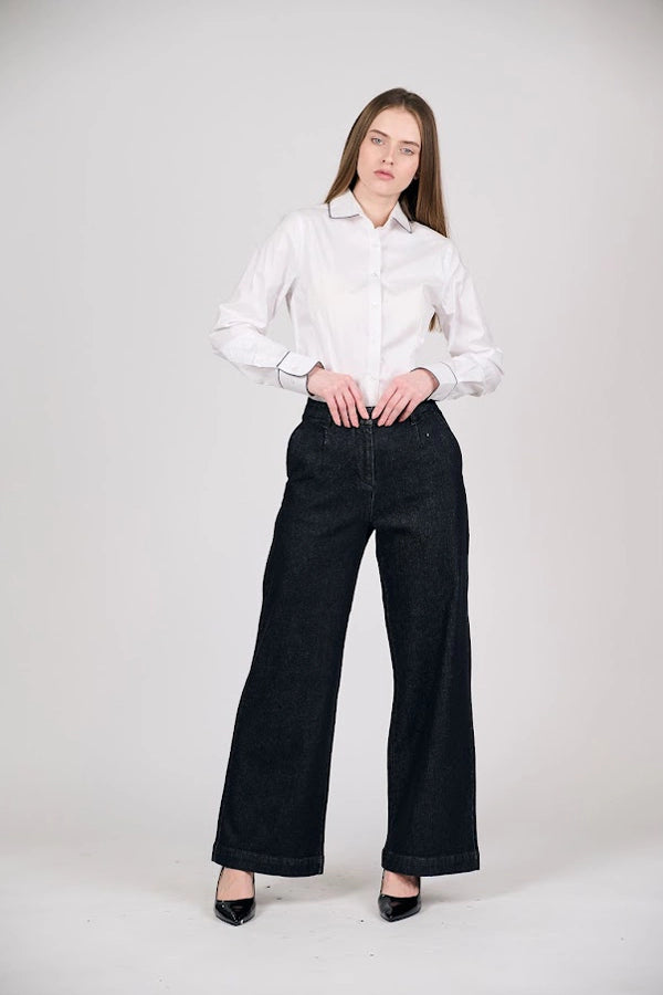 Classic White Button-Up Shirt with Black Trim