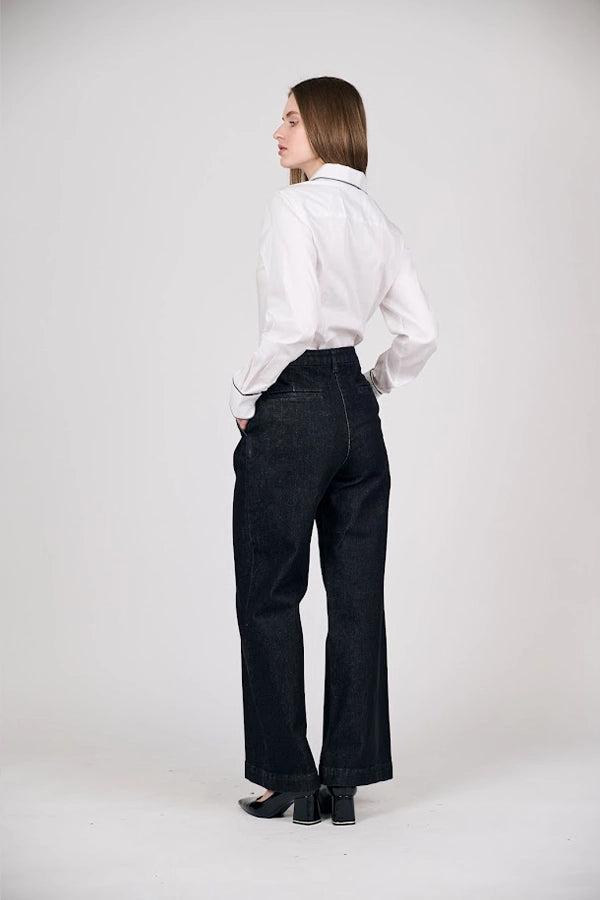 Classic White Button-Up Shirt with Black Trim