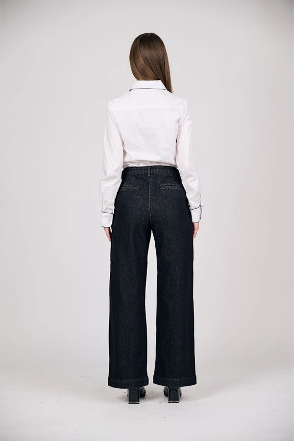 Classic White Button-Up Shirt with Black Trim