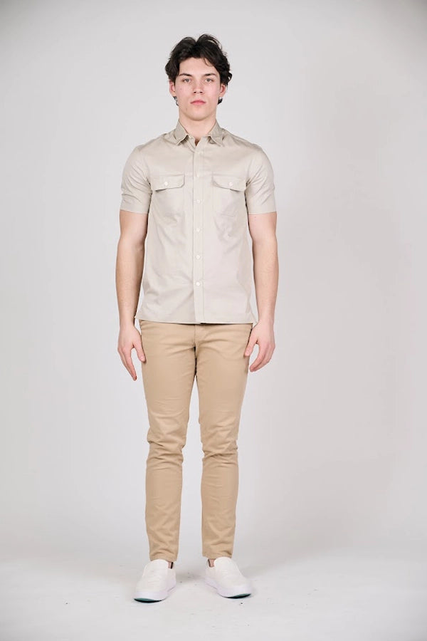 Casual Beige Short-Sleeve Shirt with Pocket Details