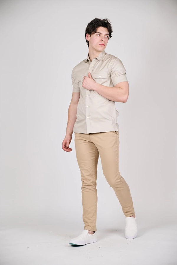 Casual Beige Short-Sleeve Shirt with Pocket Details