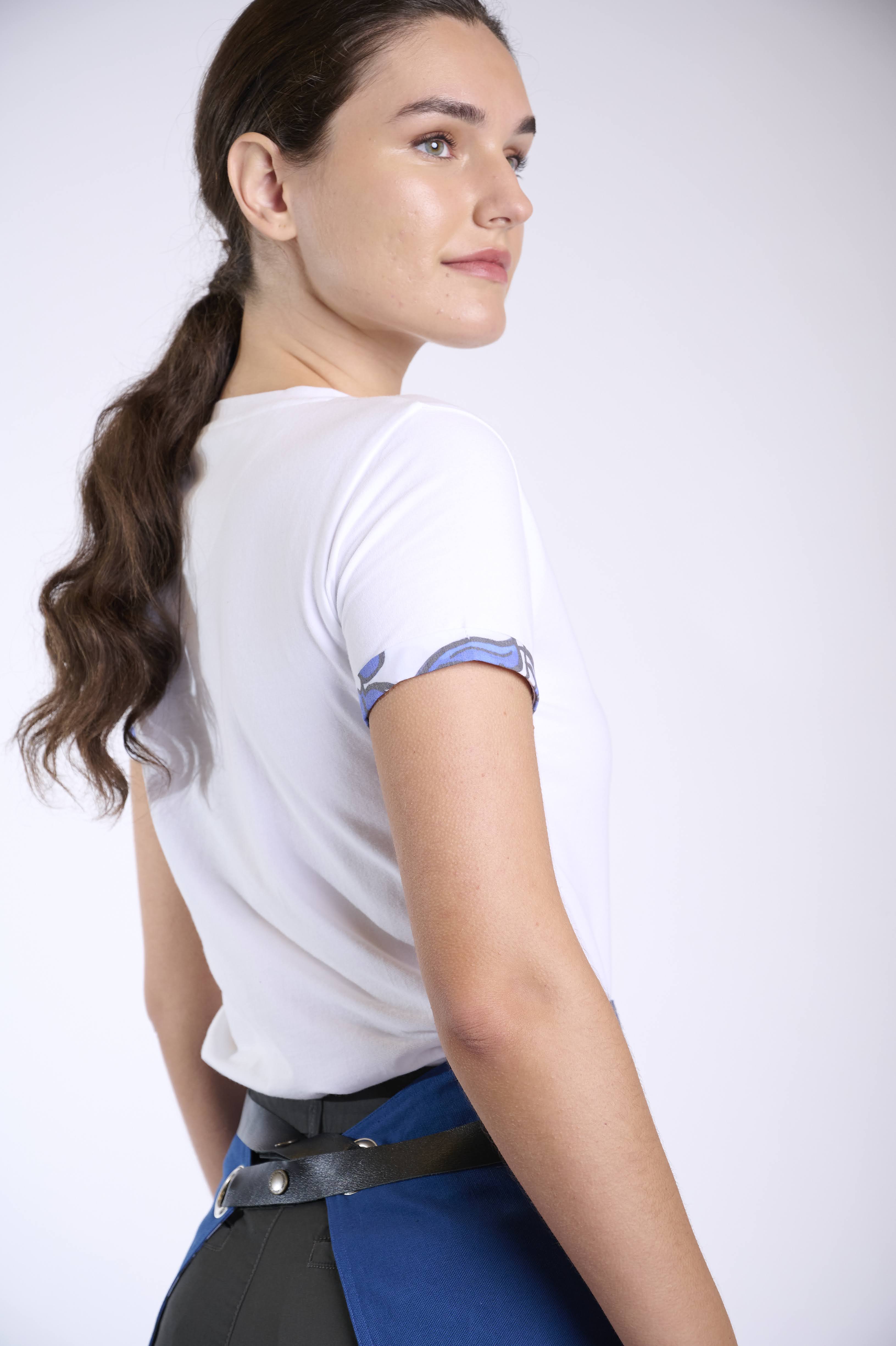 White crew neck T-shirt with sleeve detail