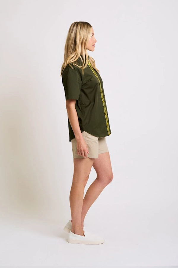 Olive Green Women's Oversized Shirt with Yellow Tape Detail