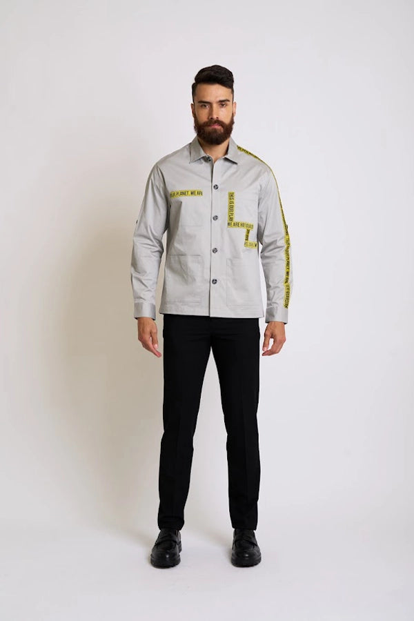 Men's Contemporary Grey Button-Up Shirt with Bold Yellow Text Accents