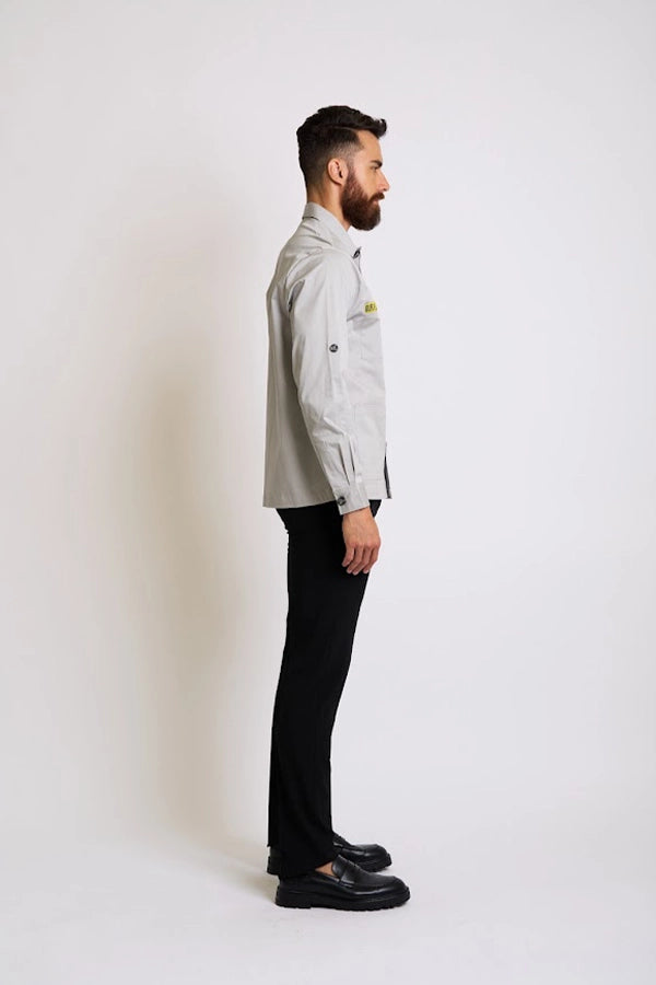 Men's Contemporary Grey Button-Up Shirt with Bold Yellow Text Accents