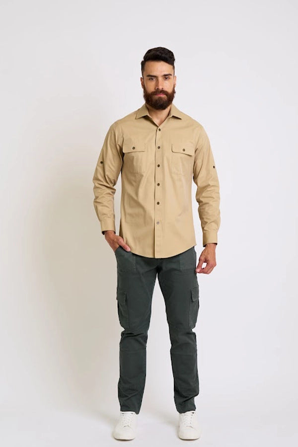 Men's Beige Long-Sleeve Outdoor Utility Shirt