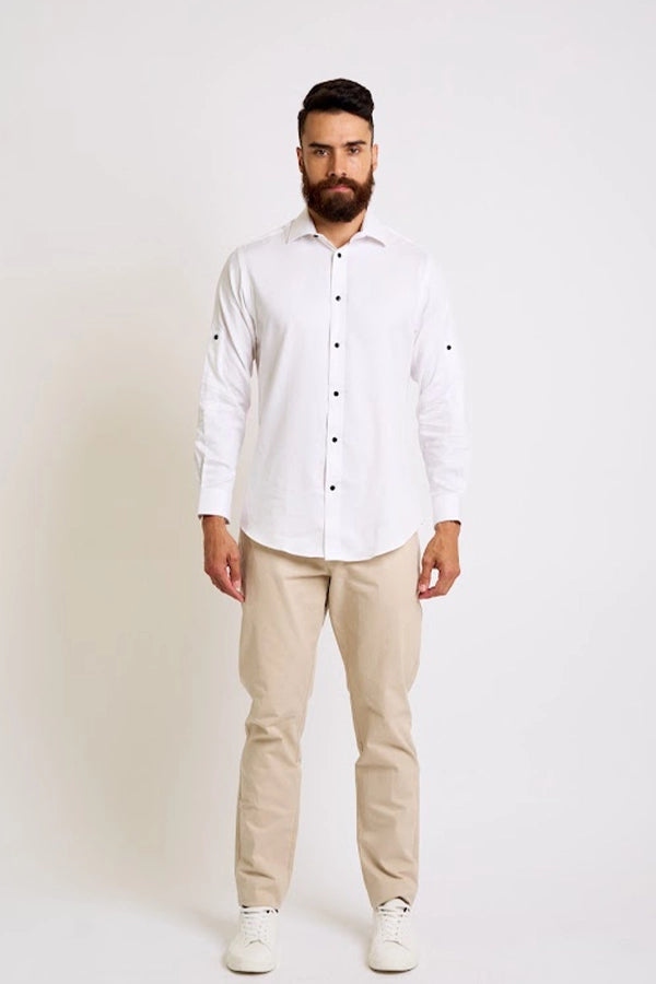 Classic White Button-Up Shirt with Beige Chinos