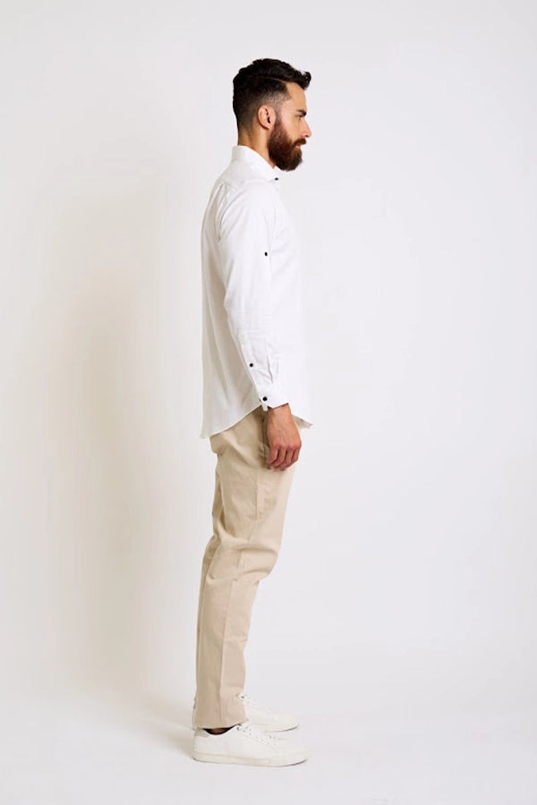 Classic White Button-Up Shirt with Beige Chinos