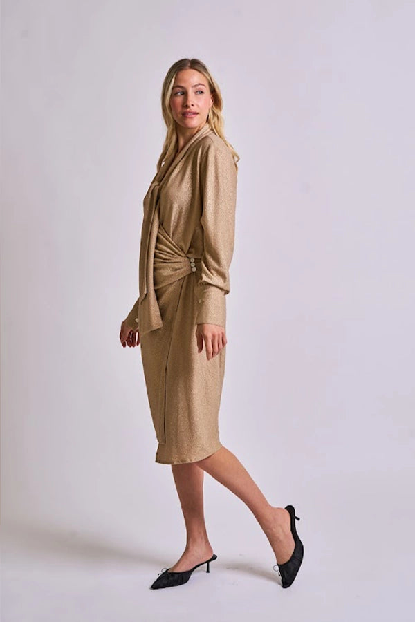 Metallic Gold Tie-Neck Dress