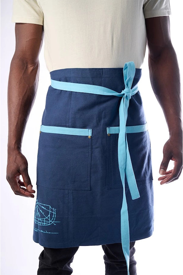 Navy and Aqua Waist Apron with  Contrast Pockets