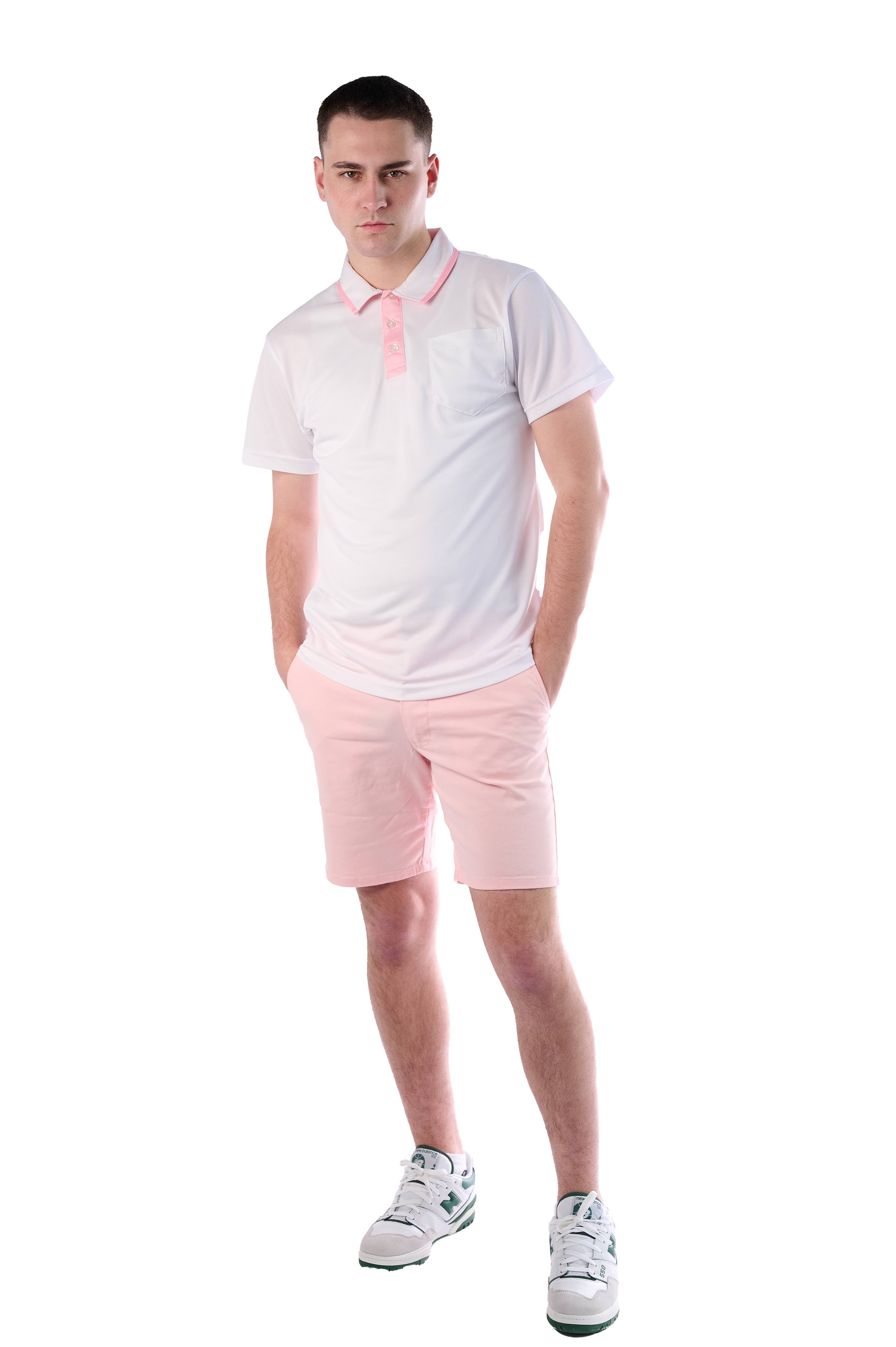 White Polo T-shirt with rose pink placket