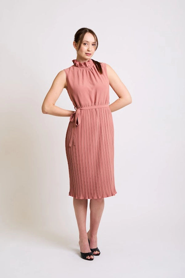 Elegant Pleated Midi Dress with High Neck