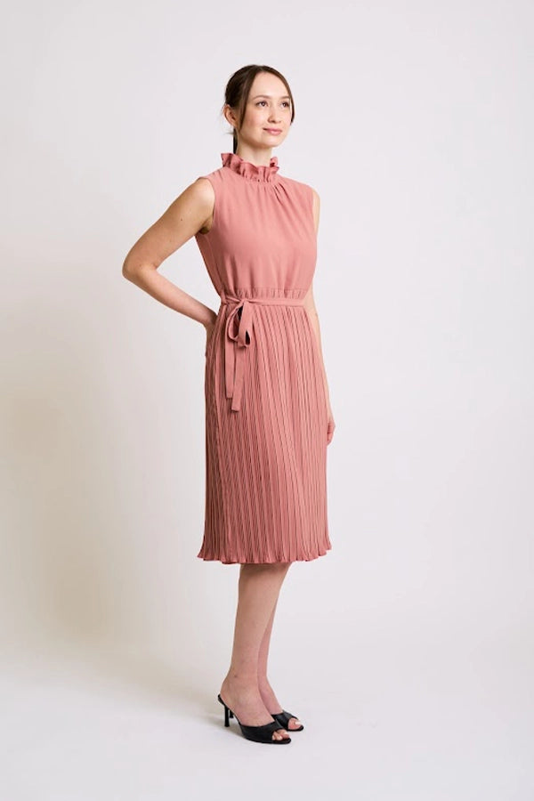 Elegant Pleated Midi Dress with High Neck